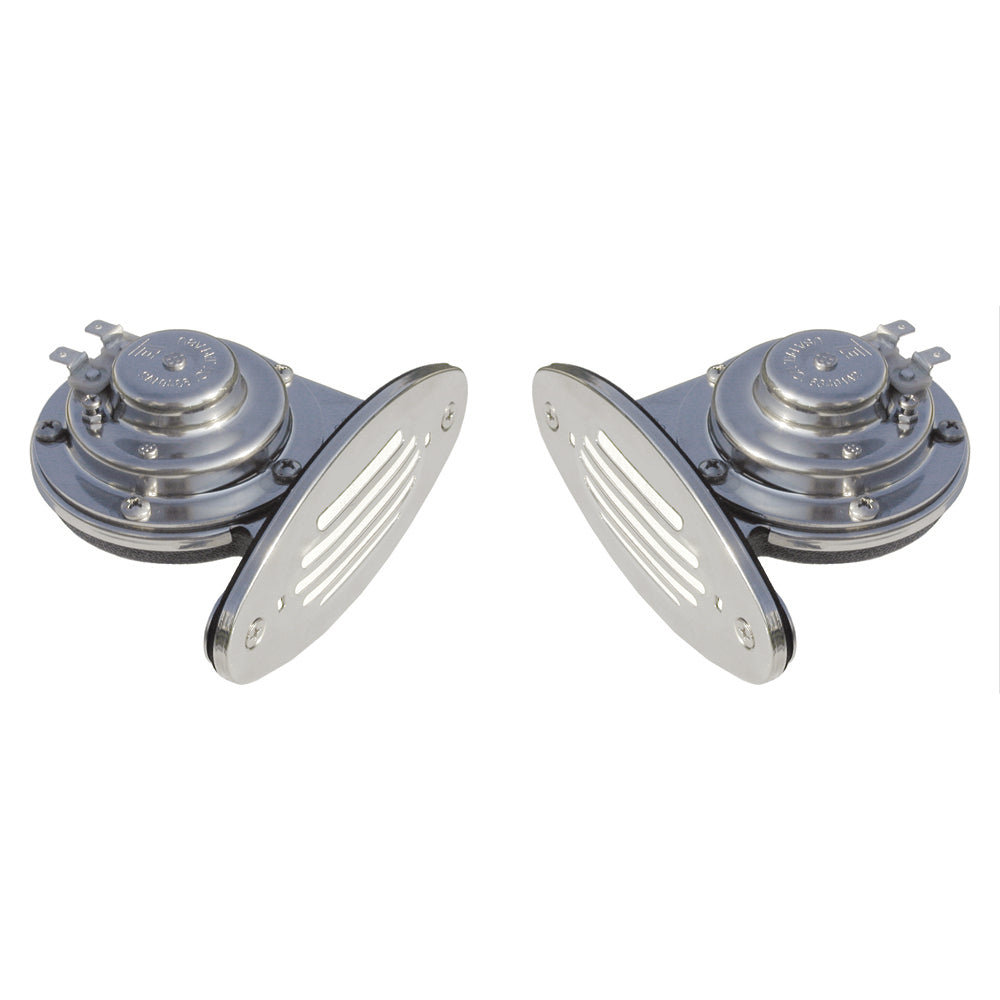 Schmitt Marine Mini Stainless Steel Dual Drop-In Horn w/Stainless Steel Grills High Low Pitch - Deckhand Marine Supply
