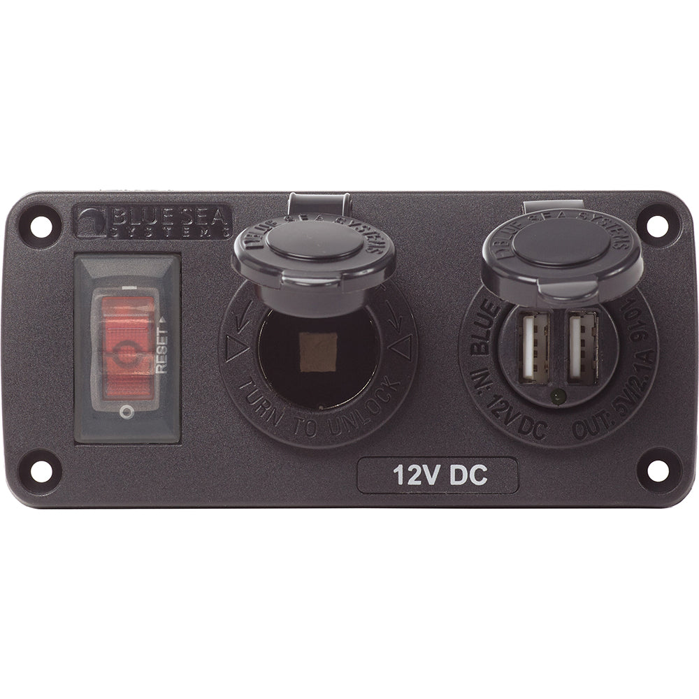 Blue Sea 4363 Water Resistant USB Accessory Panels - 15A Circuit Breaker, 12V Socket, 2.1A Dual USB Charger - Deckhand Marine Supply