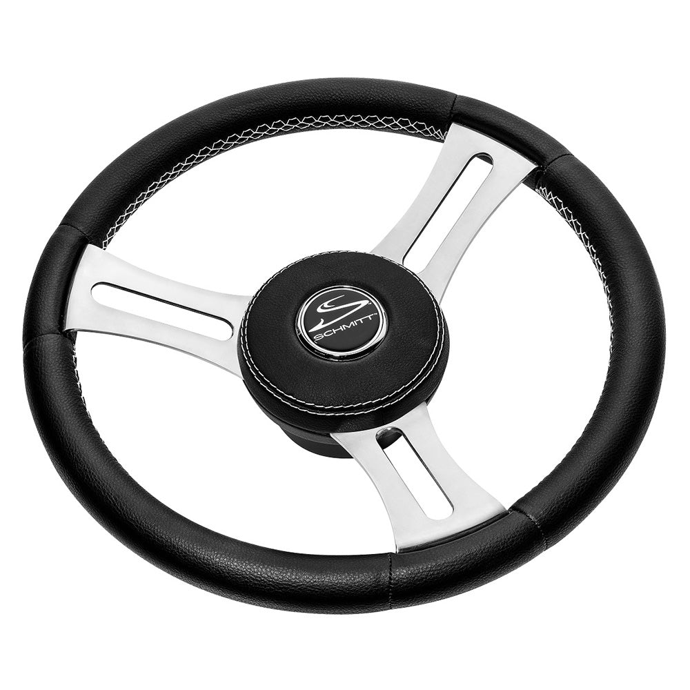 Schmitt Marine Torcello Elite 14" Wheel - Black Leather Cap - White Stitching - Polished SS Spokes - 3/4" Tapered Shaft - Deckhand Marine Supply