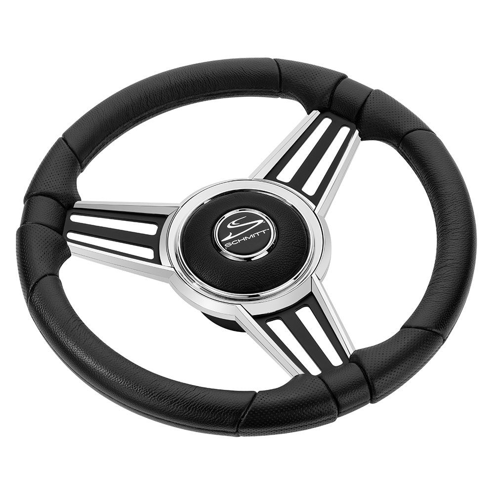 Schmitt Marine PU30 14" Wheel - Chrome Cap Spoke Inserts - Black Spokes - 3/4" Tapered Shaft - Deckhand Marine Supply
