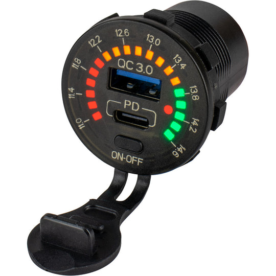 Sea-Dog Round Rainbow Voltmeter w/USB  USB-C Power Socket - Deckhand Marine Supply