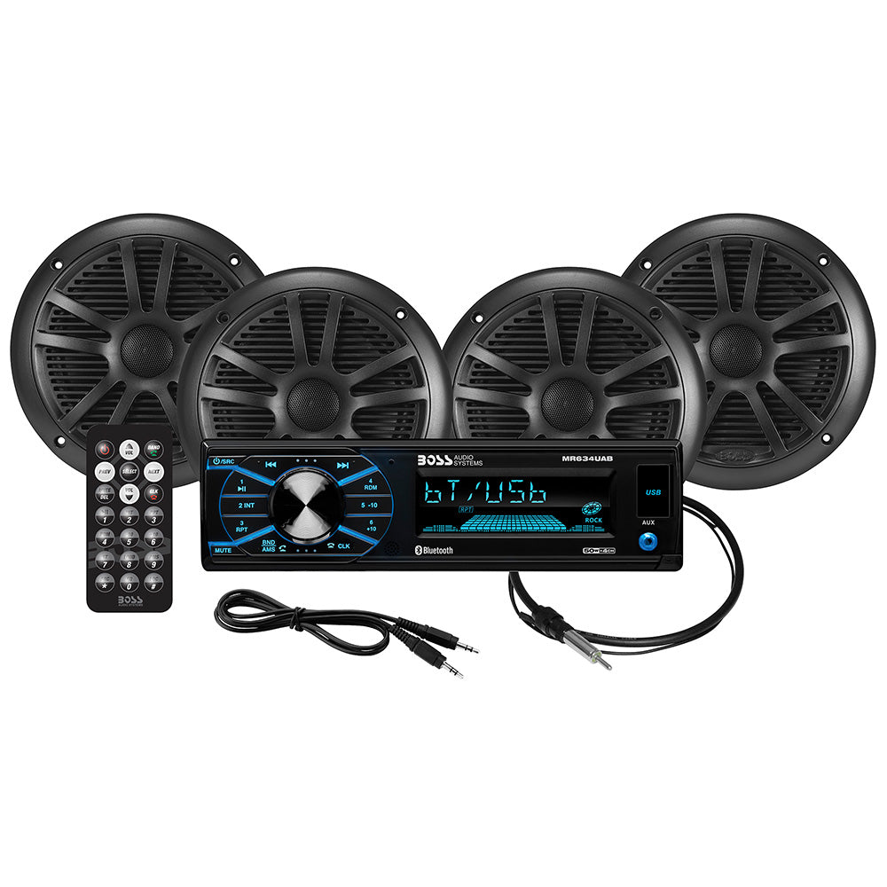 Boss Audio MCBK634B.64 Kit w/MR634UAB, 4 MR6B Speakers,  MRANT10 Antenna - Deckhand Marine Supply