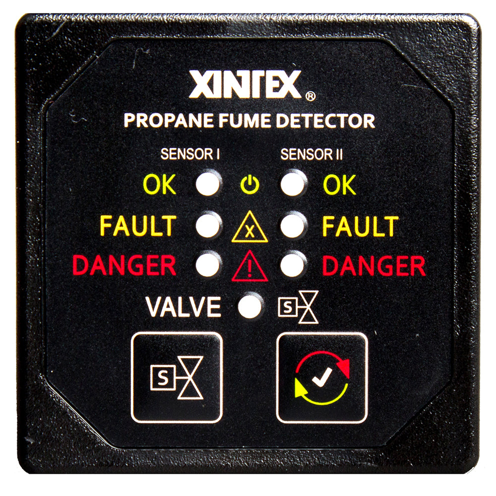 Fireboy-Xintex Propane Fume Detector  Alarm w/2 Plastic Sensors  Solenoid Valve - Square Black Bezel Display - Deckhand Marine Supply