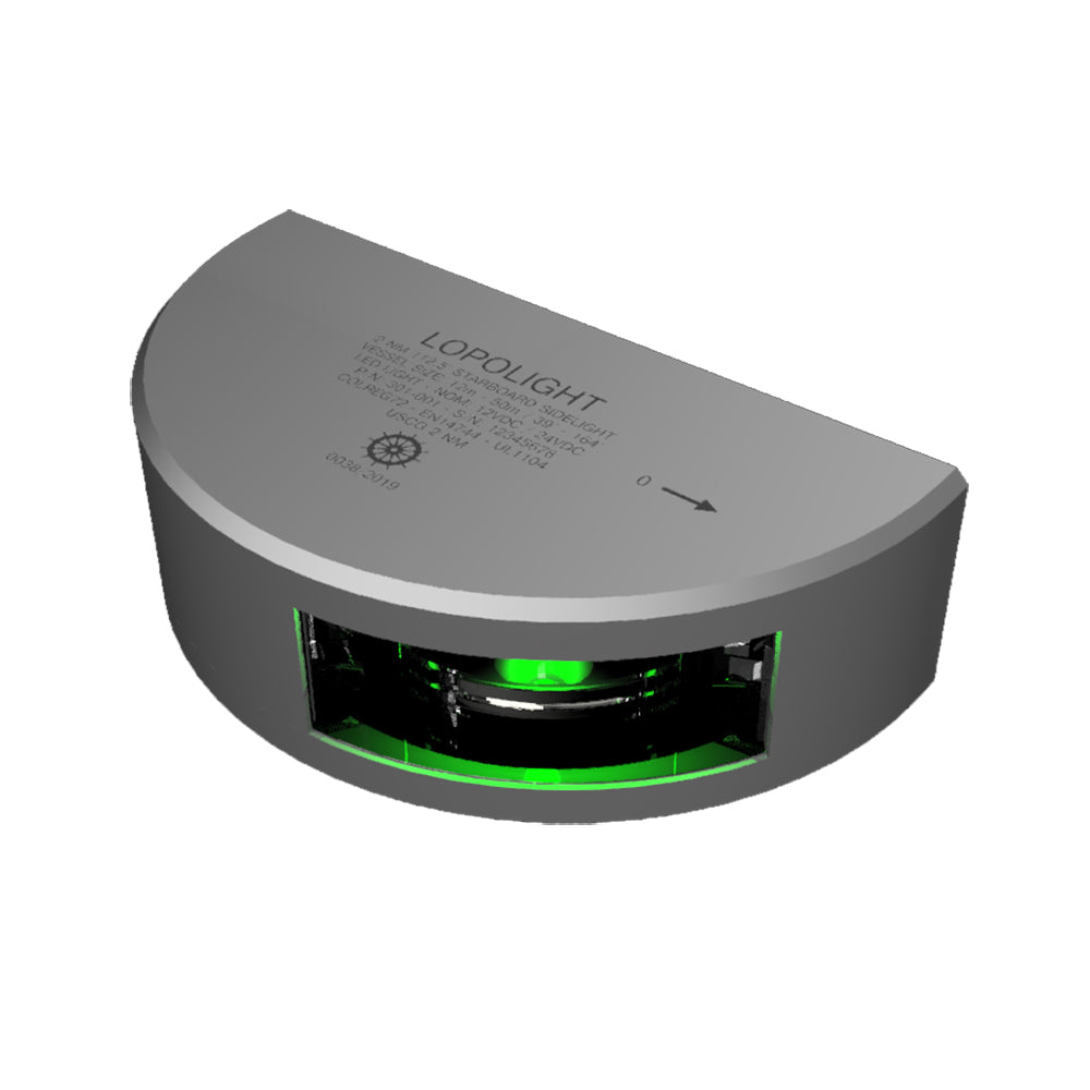 Lopolight Series 301-001 - Starboard Sidelight - 2NM - Vertical Mount - Green - Silver Housing - Deckhand Marine Supply