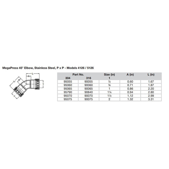 Viega MegaPress 1-1/2" 45 Stainless Steel 304 Elbow - Double Press Connection - Smart Connect Technology - Deckhand Marine Supply
