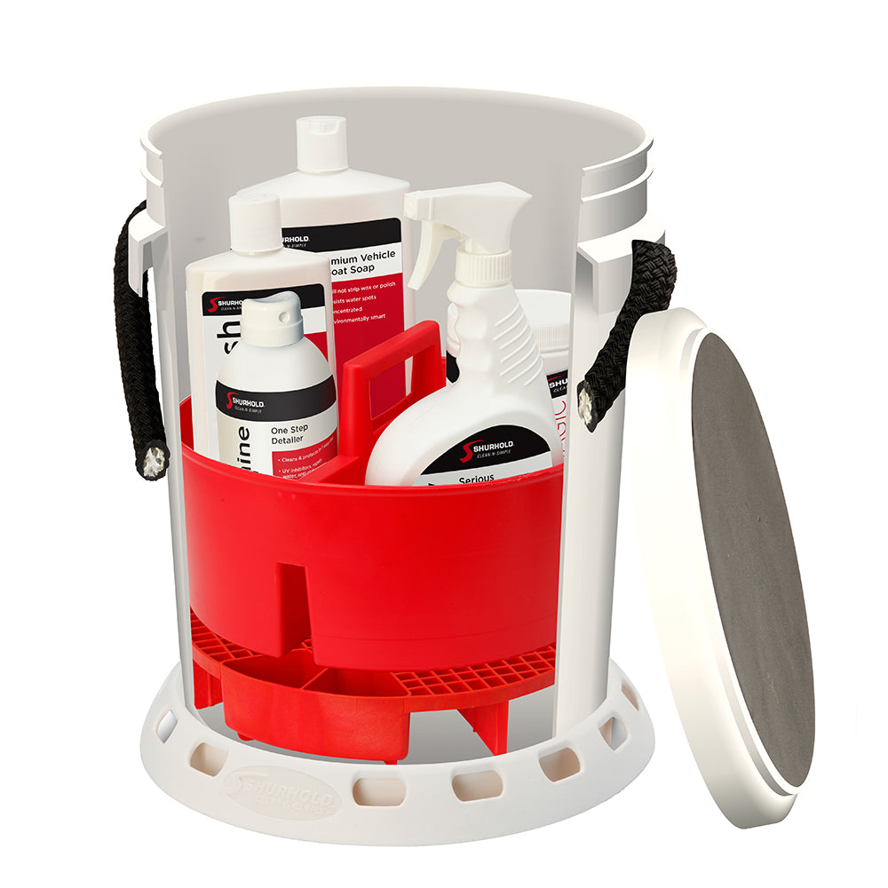 Shurhold 5 Gallon White Bucket Kit - Includes Bucket, Caddy, Grate Seat, Buff Magic, Pro Polish Brite Wash, SMC  Serious Shine - Deckhand Marine Supply