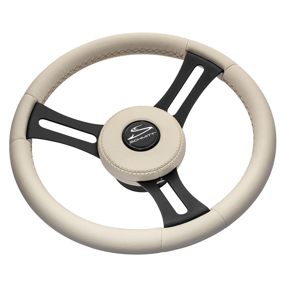 Schmitt Marine Torcello Elite 14" Wheel - Beige Leather  Cap - White Stitching - Black SS Spokes - 3/4" Tapered Shaft - Deckhand Marine Supply