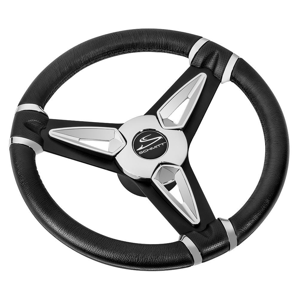 Schmitt Marine PU50 14" Wheel - Chrome Cap  Spoke Inserts - Black Spokes - 3/4" Tapered Shaft - Deckhand Marine Supply