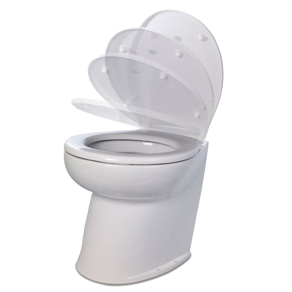 Jabsco Deluxe Flush 14" Angled Back 12V Raw Water Electric Marine Toilet w/Remote Rinse Pump  Soft Close Lid - Deckhand Marine Supply