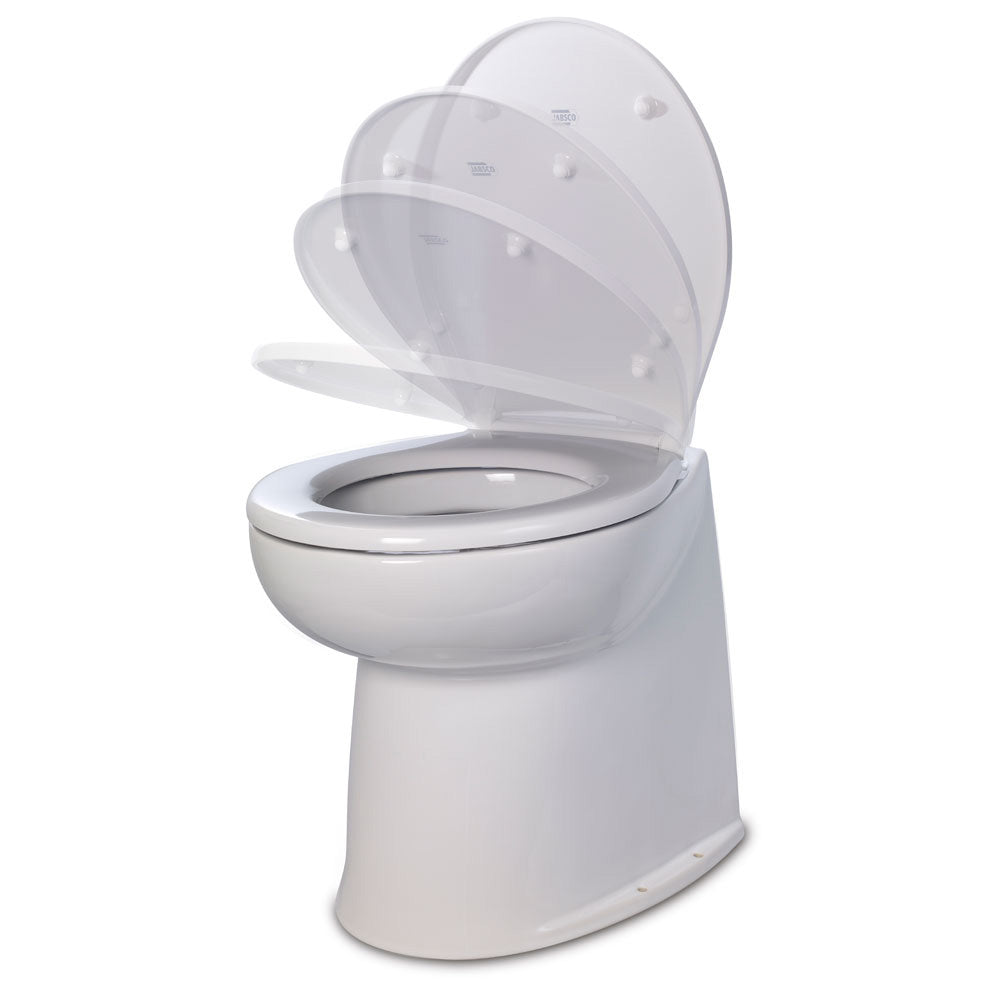 Jabsco Deluxe Flush 14" Straight Back 24V Raw Water Electric Marine Toilet w/Remote Rinse Pump  Soft Close Lid - Deckhand Marine Supply